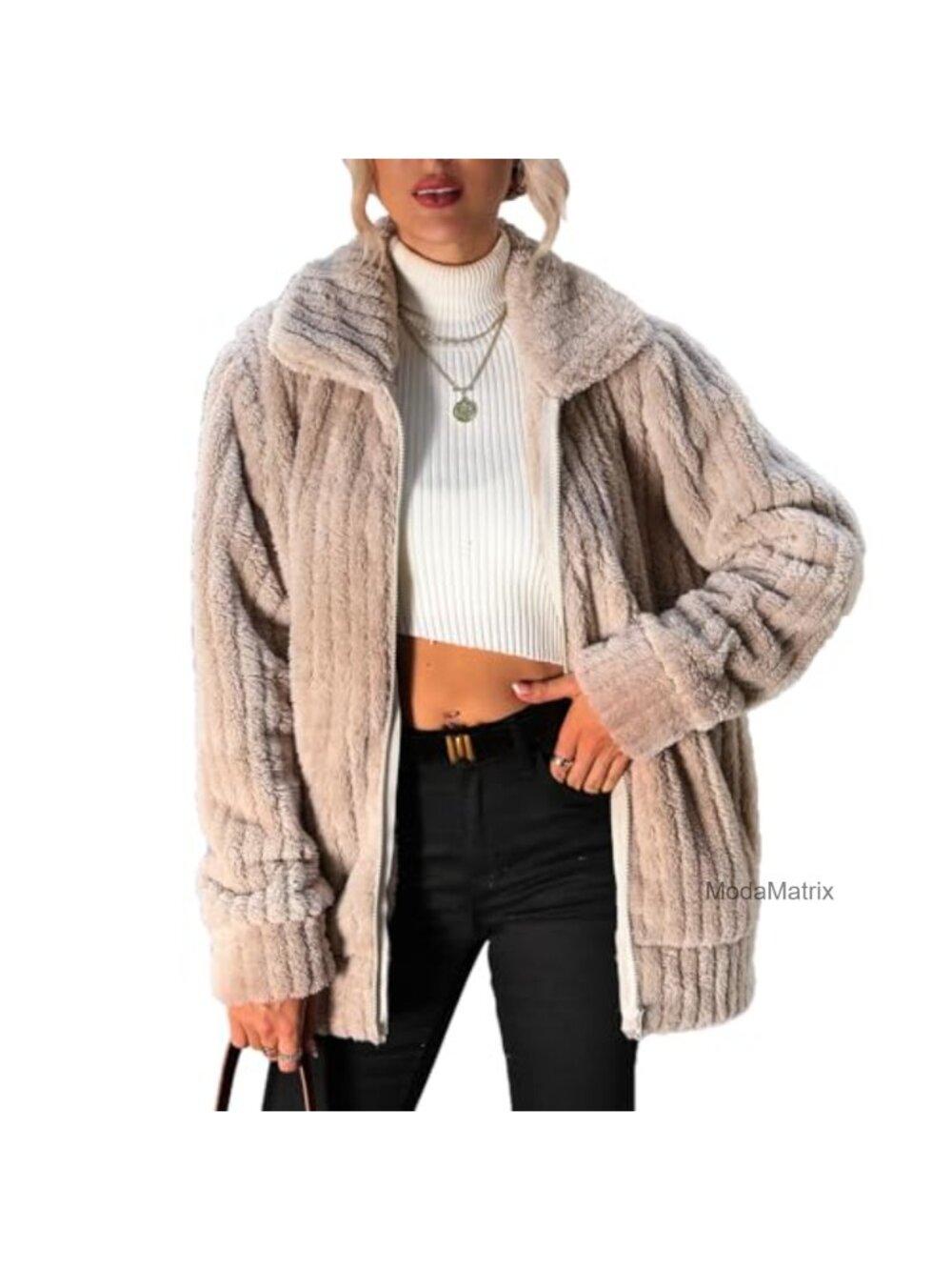 Women's Fleece Jacket Full Zip Long Sleeve Lapel Collar Sherpa Coat with Pockets